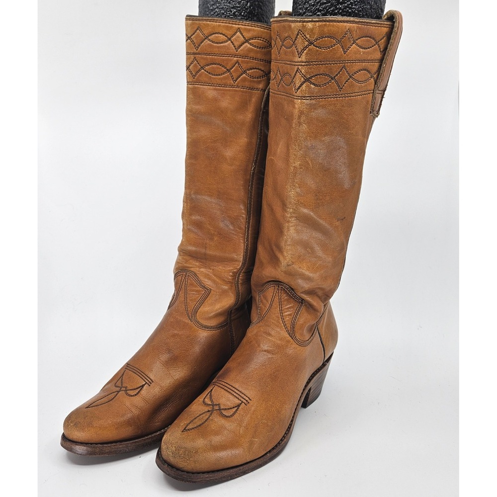 VTG USA Leather Western Cowboy Boots Women's Size 5D Wide Brown Pull-On Handmade